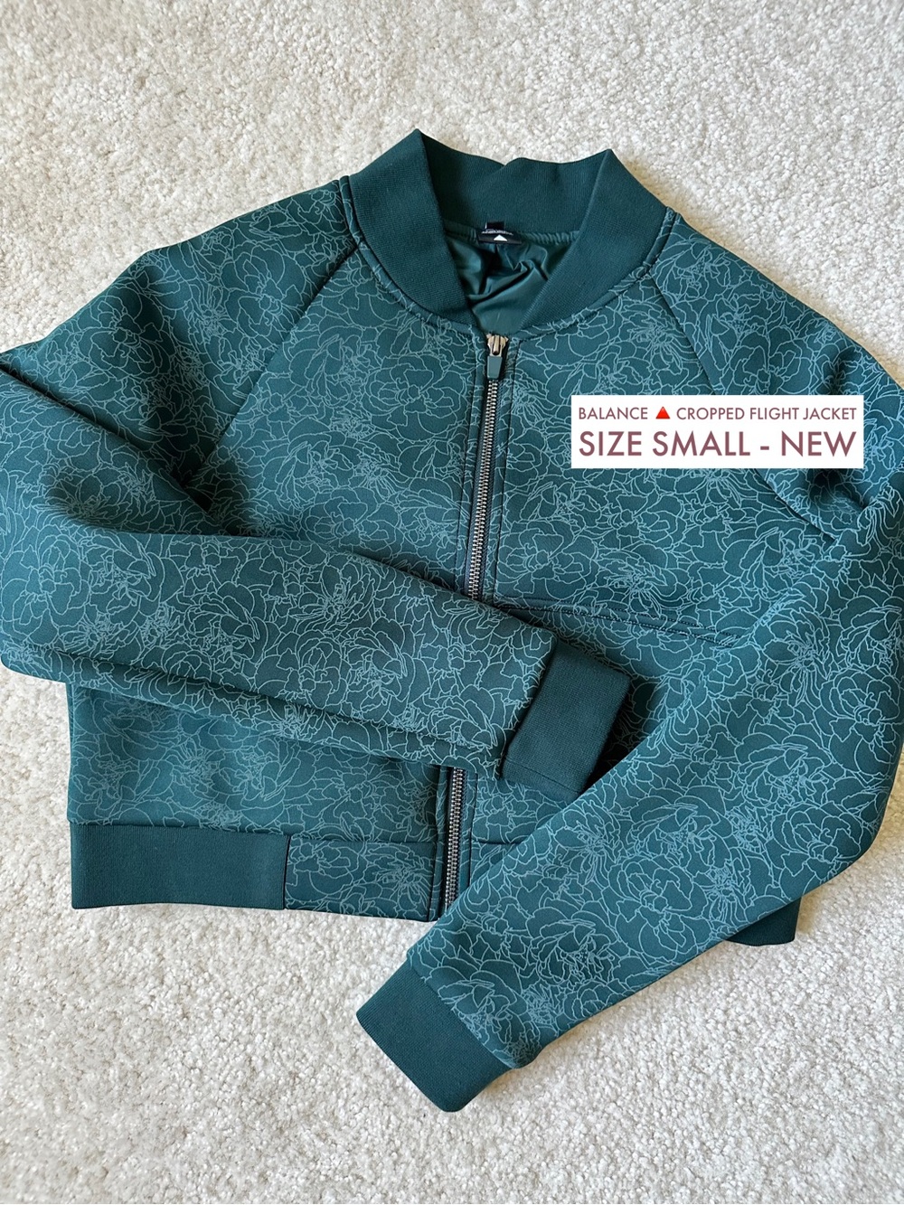 Balance Athletica Vitality Cropped Floral-Print Flight Jacket - Dark Teal small